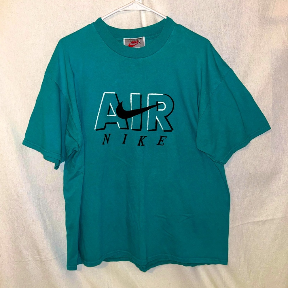 VTG 80s 90s Embroidered Teal Swoosh Nike Air Tee Grey Label Size XL Made In USA